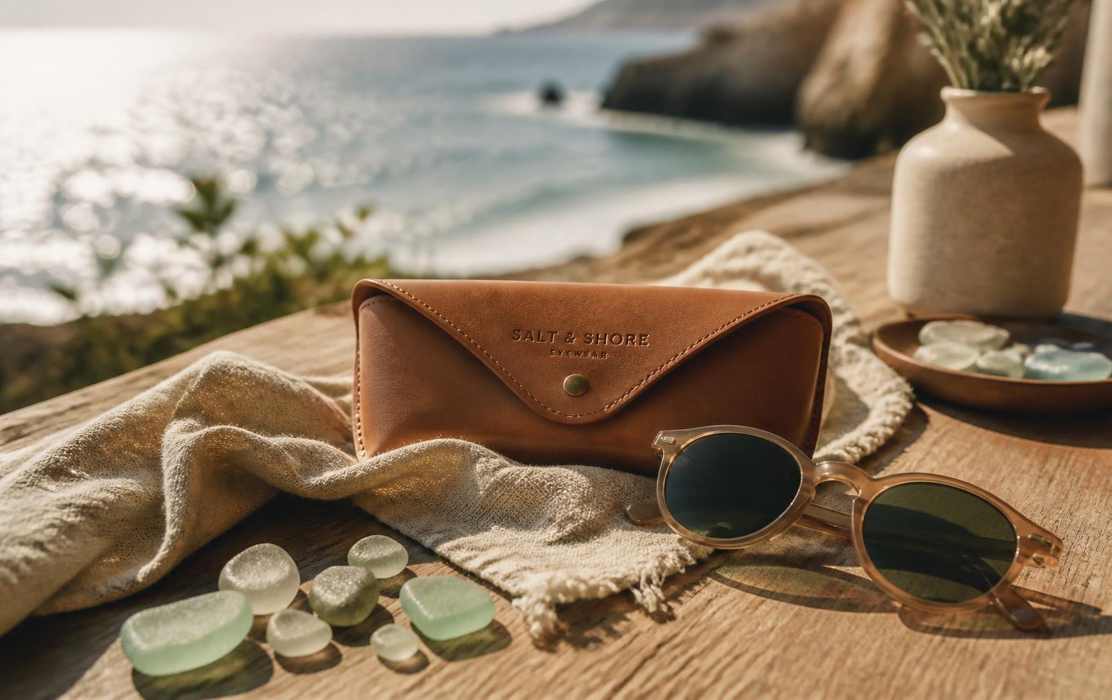 Optiventra Technologies eyewear case, linen and sea glass on a sunlit table above the ocean
